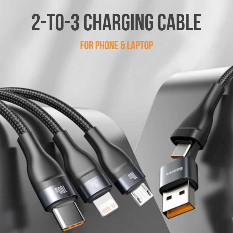 2-to-3 Fast Charging Cable (1.2m), with Double Input and Triple Output, 100W Power, Compatible with PD 20W/QC 18W