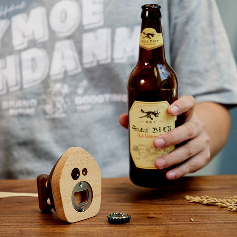 Iron-shape Wood Bottle Opener with Magnetic Bottle Cap Collector