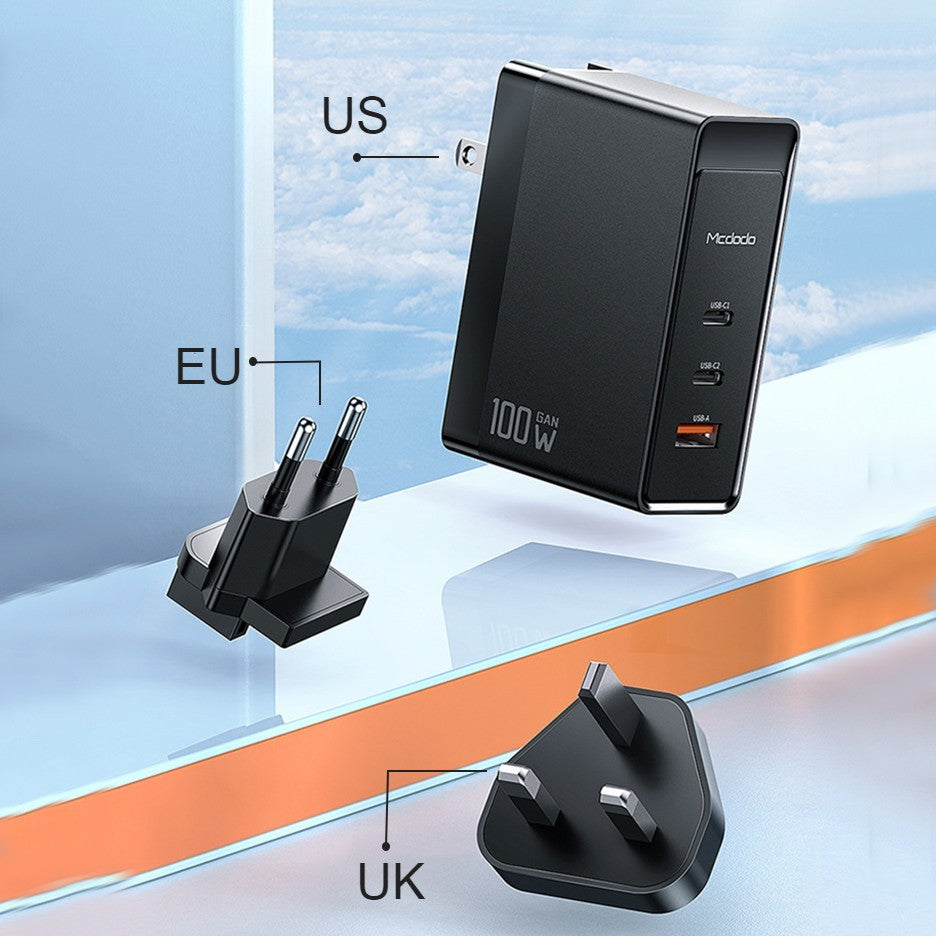3-in-1 100W Wall Charger, with US/EU/UK Plugs, 2 Type-C & 1 USB Port, for Laptop, Phone, Tablet