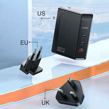 3-in-1 100W Wall Charger, with US/EU/UK Plugs, 2 Type-C & 1 USB Port, for Laptop, Phone, Tablet
