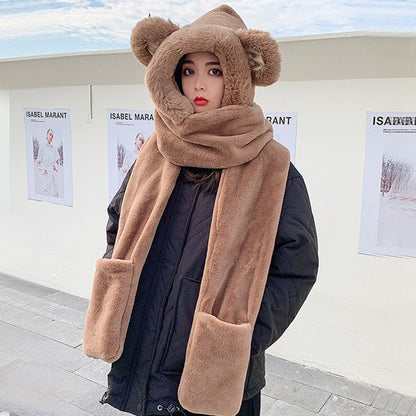 3-in-1 Cure Plush Bear Ear Winter Hat with Scarf & Gloves