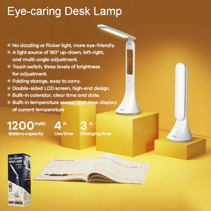Rechargeable Foldable Eye-caring Desk Lamp, with Flicker-free, Adjustable Brightness, Time, Date & Temperature Display