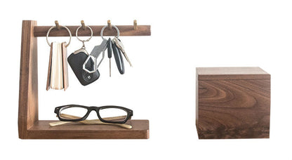 Solid Wood Key Organizer with 6 Key Hooks and Storage Platform, No Installation Required, Suitable for Storing Keys, Glasses, Wallets and More