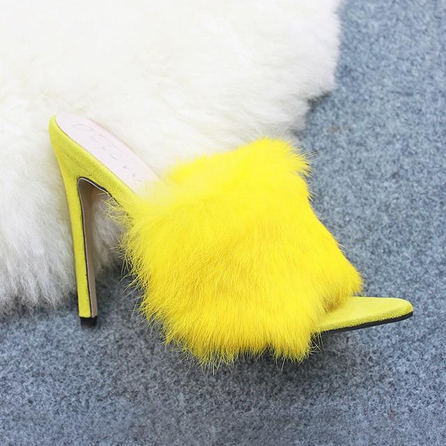 New European Station Sandals Candy Color Luxury Rabbit Fur Slippers