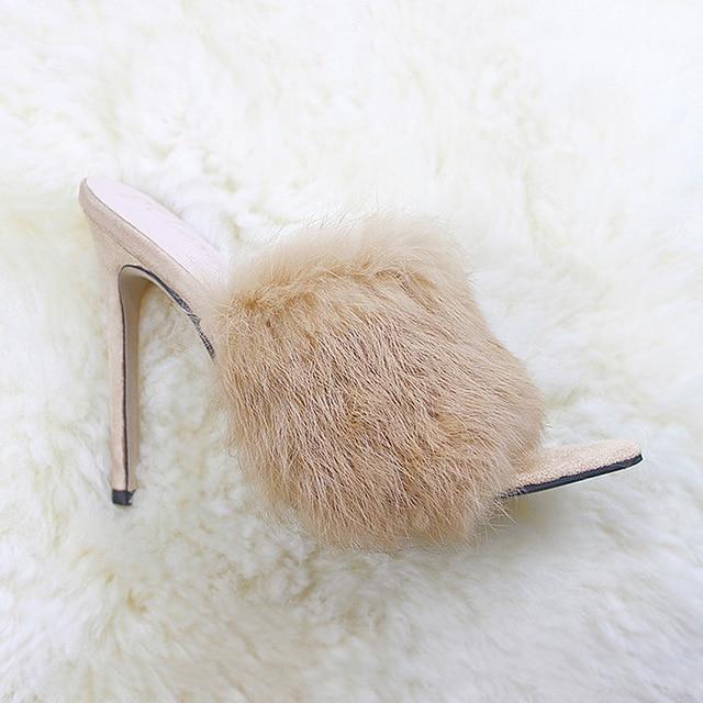 New European Station Sandals Candy Color Luxury Rabbit Fur Slippers