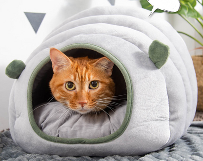 2-in-1 Foldable & Washable Velvet Self-Warming Cave/Nest with Sleeping Bed for Cats and Small Dogs, Suitable for Indoor or Outdoor (Green)