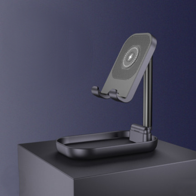 Foldable and Adjustable Phone Holder with 10W Wireless Fast Charge, Up to 25.8cm, Lamp, Non-slip Panel, Mini Shelf, Suitable for Phones and Tablets