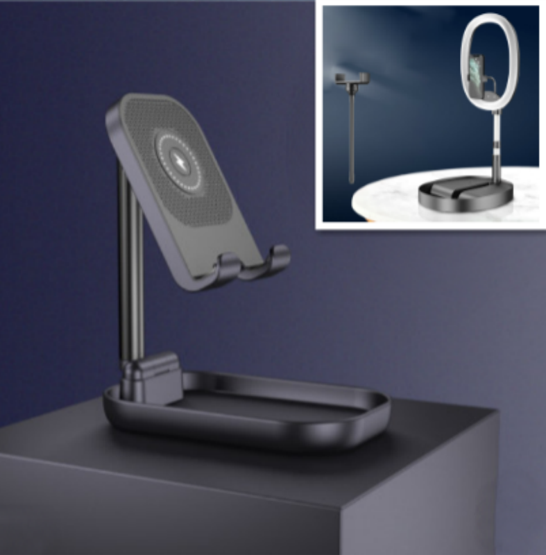 Foldable and Adjustable Phone Holder with 10W Wireless Fast Charge, Up to 25.8cm, Lamp, Non-slip Panel, Mini Shelf, Suitable for Phones and Tablets