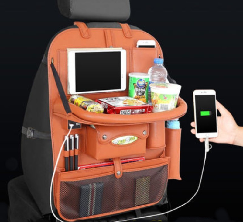 Multifunctional Car Seat Back Large Capacity Storage Bag with 4 USB Charging Ports, Retractable Tray, Tablet Holder, Tissue Storage, Cup Holder, Large Storage Bag and More