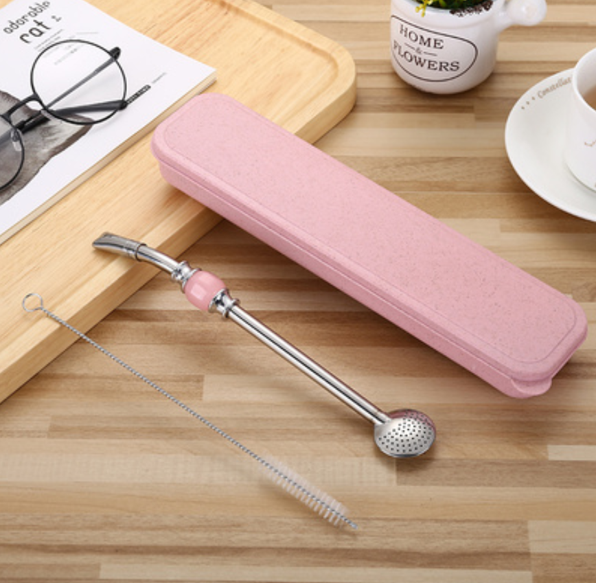Stainless Steel Reusable Drinking Straws with Filter Spoon, with Storage Box & Cleaning Brush