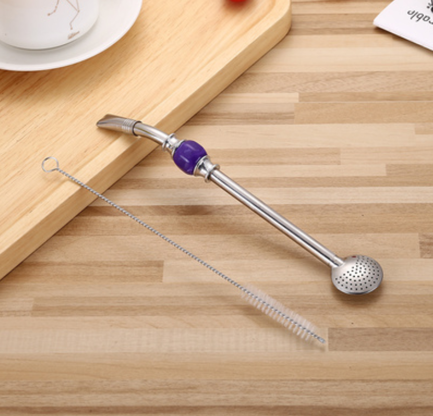 Stainless Steel Reusable Drinking Straws with Filter Spoon, with Storage Box & Cleaning Brush