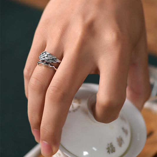 Adjustable 925 Sterling Silver Angel Wing Ring For Men And Women