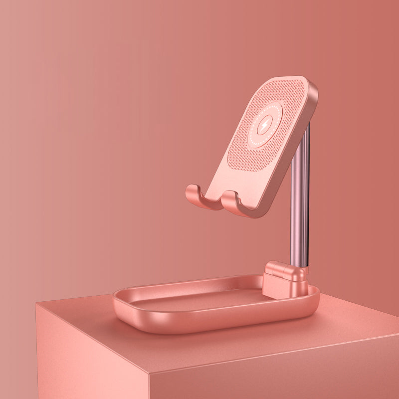Foldable and Adjustable Phone Holder with 10W Wireless Fast Charge, Up to 25.8cm, Lamp, Non-slip Panel, Mini Shelf, Suitable for Phones and Tablets