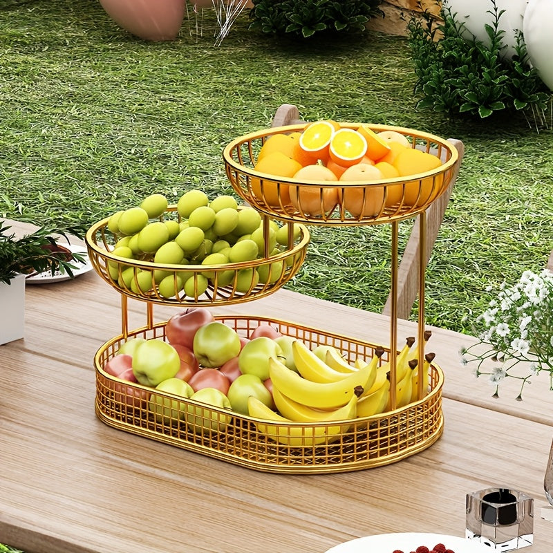 Elegant Multi-Tier Metal Fruit Basket - Golden Wire Oval Design | Perfect for Snacks, Cakes & Desserts | Ideal for Easter, Thanksgiving, Christmas Outdoor Celebrations, Outdoor Dining Accessory|Multitier Design|Sturdy Structure, Fruit Decor