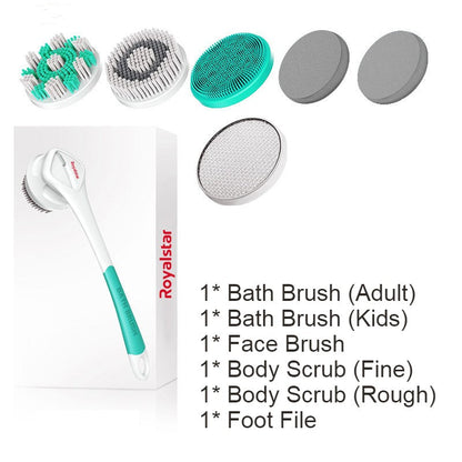 All-in-One Rechargeable Body Brush Set, with 7 Replaceable Heads & Long Handle for Body, Face, Foot, Adult & Kids