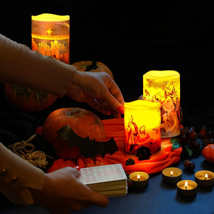 Flameless LED Christmas Candles – 3pcs Battery-Powered Holy Night Lights Candle with Timer Featuring Nativity Scene for Warm Holiday Home Ambience