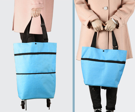 Reusable Shopping Trolley / Tote Bag with Foldable Wheels, Adjustable Strap, Thick Bottom and Large Capacity, For Shopping, Outdoors and More