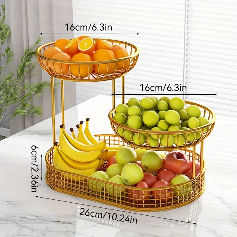 Elegant Multi-Tier Metal Fruit Basket - Golden Wire Oval Design | Perfect for Snacks, Cakes & Desserts | Ideal for Easter, Thanksgiving, Christmas Outdoor Celebrations, Outdoor Dining Accessory|Multitier Design|Sturdy Structure, Fruit Decor