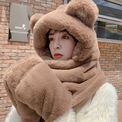3-in-1 Cure Plush Bear Ear Winter Hat with Scarf & Gloves