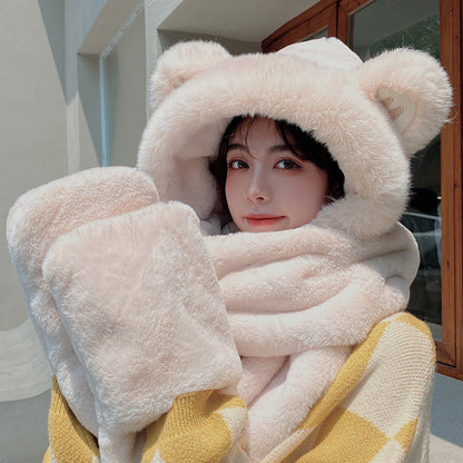 3-in-1 Cure Plush Bear Ear Winter Hat with Scarf & Gloves