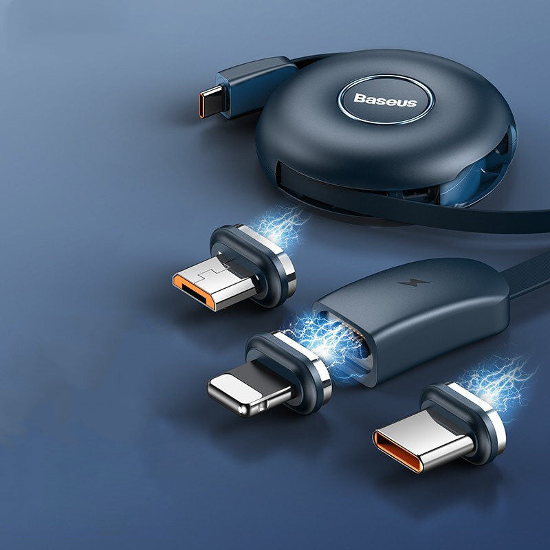 3-in-1 Portable Stretchable USB-C Charging Cable, with Magnetic Connectors (USB-C, Lightning & Micro), for Phone, Tablet & More