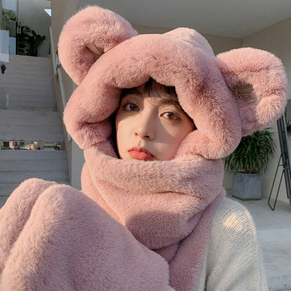 3-in-1 Cure Plush Bear Ear Winter Hat with Scarf & Gloves