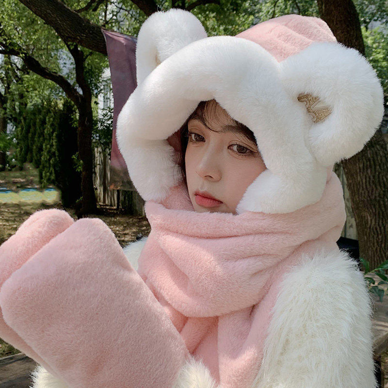 3-in-1 Cure Plush Bear Ear Winter Hat with Scarf & Gloves