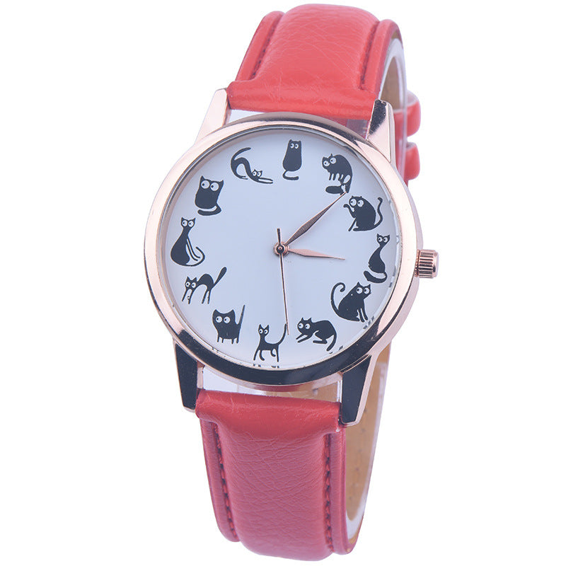 Cute Cat Lover Dial Quartz Vintage Women Watch