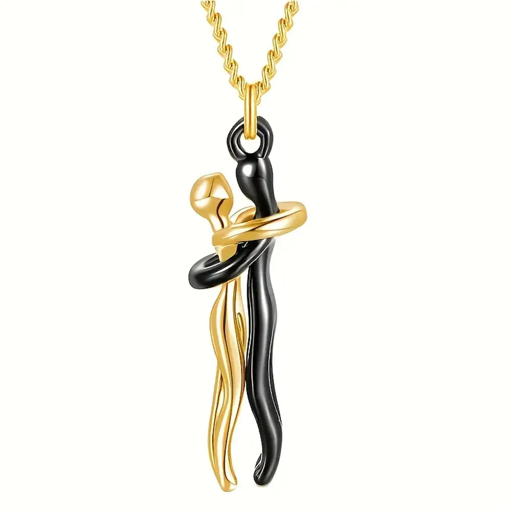 Chic Black Hug Pendant Necklace – Elegant Couple Jewelry for Perfect Love Gift