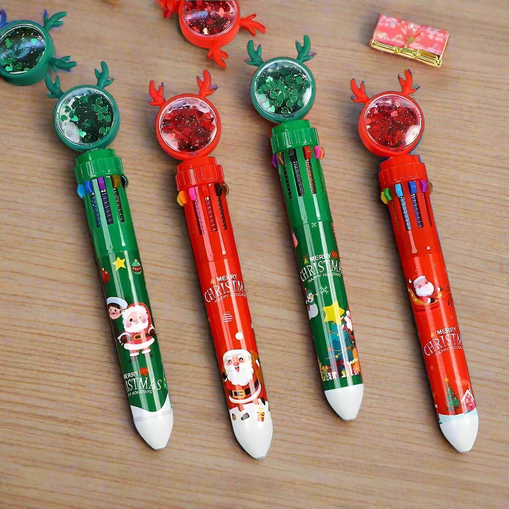 Christmas Ballpoint Pen Set OF 10 with Adorable Cartoon Elk Charms – Perfect Gifts for Kids This Merry Season & New Year
