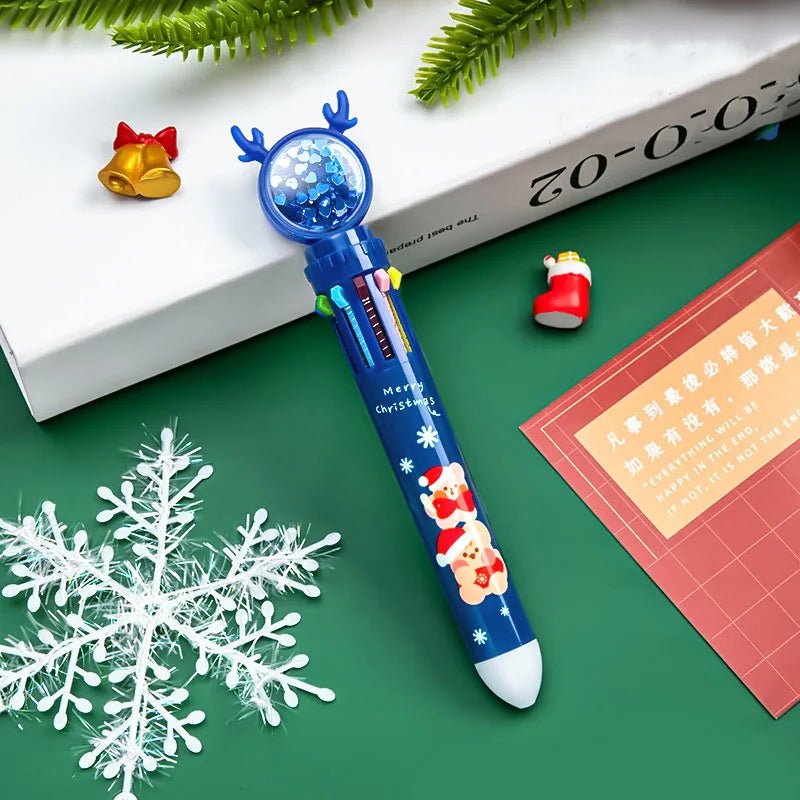 Christmas Ballpoint Pen Set OF 10 with Adorable Cartoon Elk Charms – Perfect Gifts for Kids This Merry Season & New Year