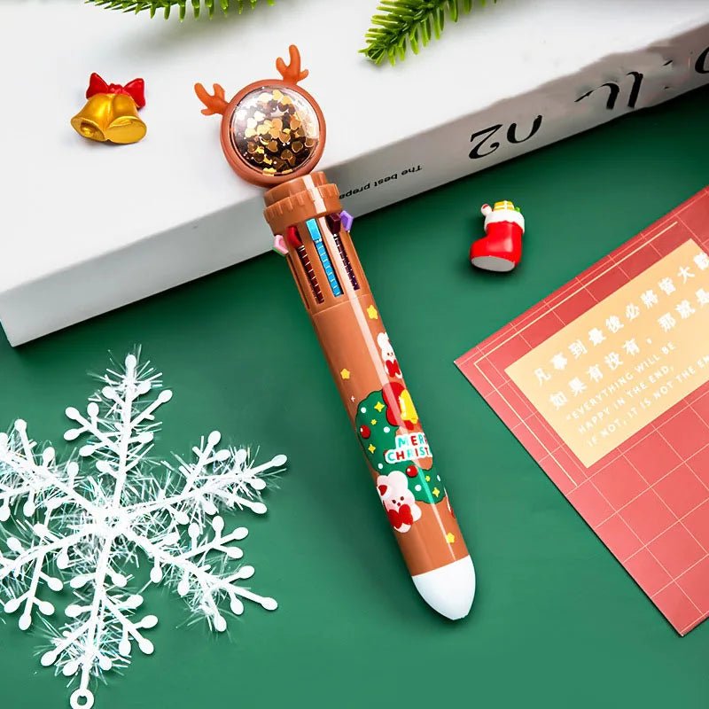 Christmas Ballpoint Pen Set OF 10 with Adorable Cartoon Elk Charms – Perfect Gifts for Kids This Merry Season & New Year