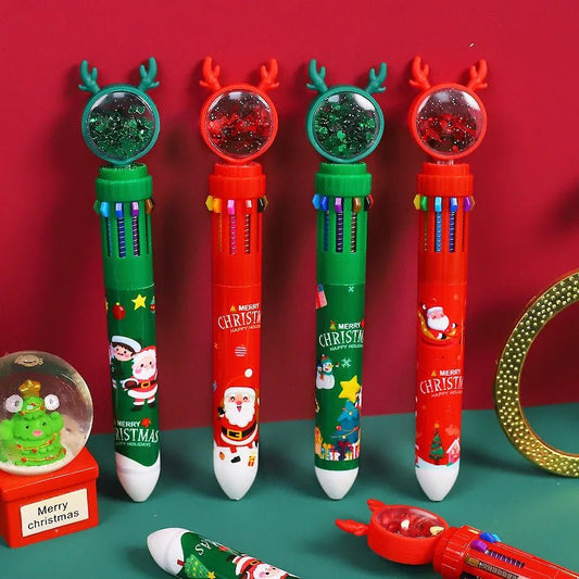 Christmas Ballpoint Pen Set OF 10 with Adorable Cartoon Elk Charms – Perfect Gifts for Kids This Merry Season & New Year