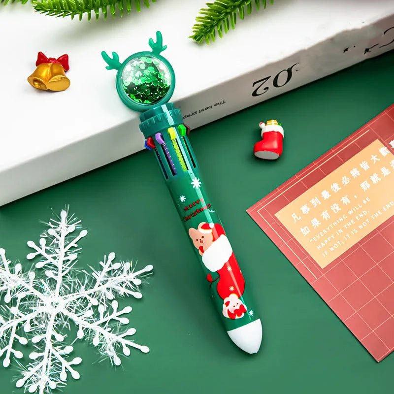 Christmas Ballpoint Pen Set OF 10 with Adorable Cartoon Elk Charms – Perfect Gifts for Kids This Merry Season & New Year