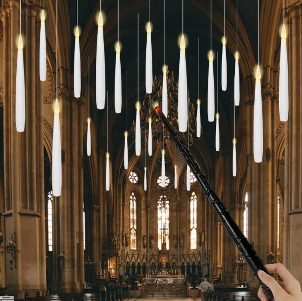 Harry Potter Floating Candles with Wand - Flickering Taper Flameless Hanging Candles for Christmas, Halloween, Birthday Parties, Home Decor, and Gifts