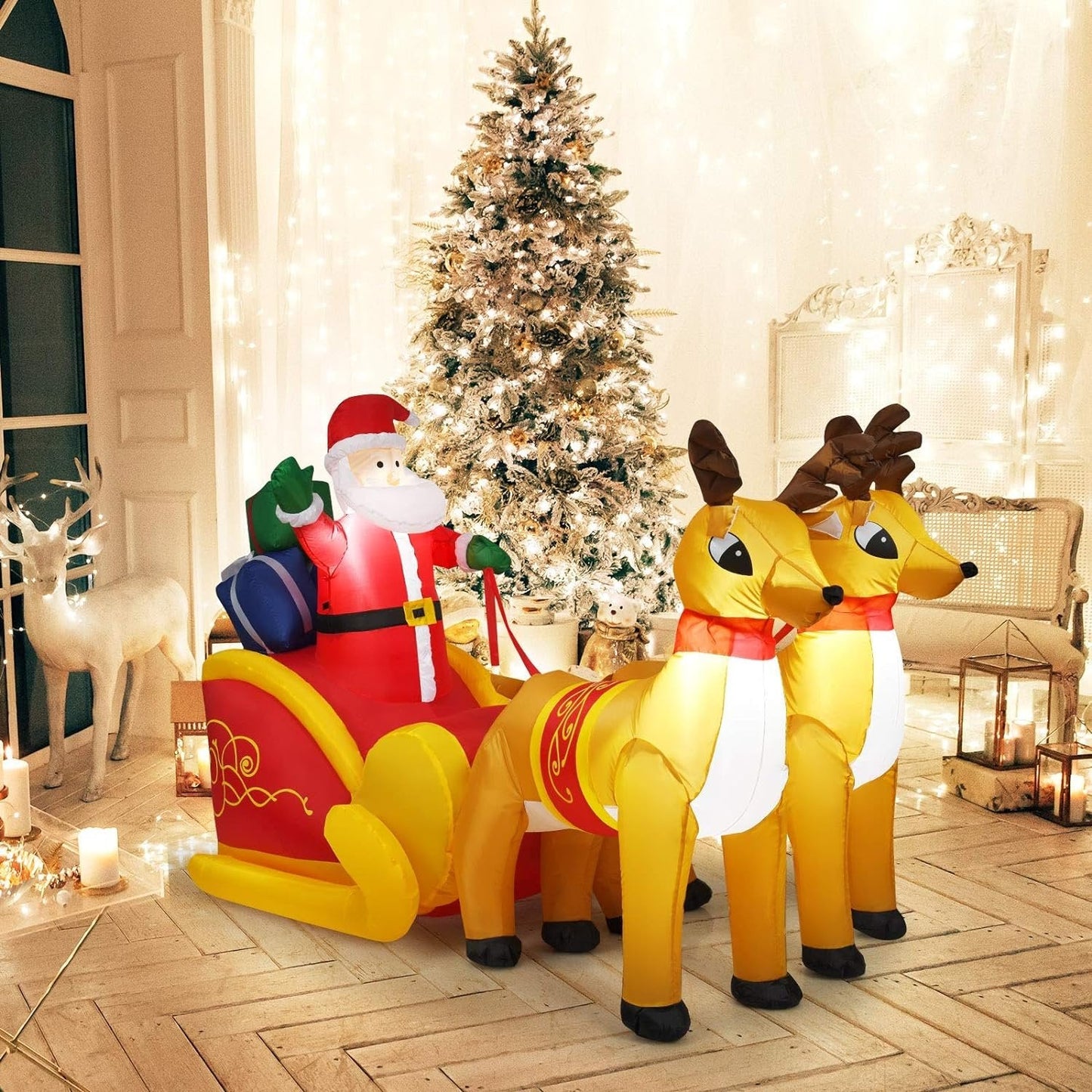 Inflatable Santa Claus Christmas Decor -  Inflatable Santa on Sleigh with Reindeer Holiday Decoration