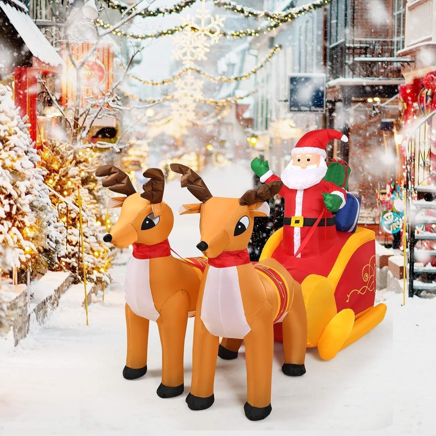 Inflatable Santa Claus Christmas Decor -  Inflatable Santa on Sleigh with Reindeer Holiday Decoration