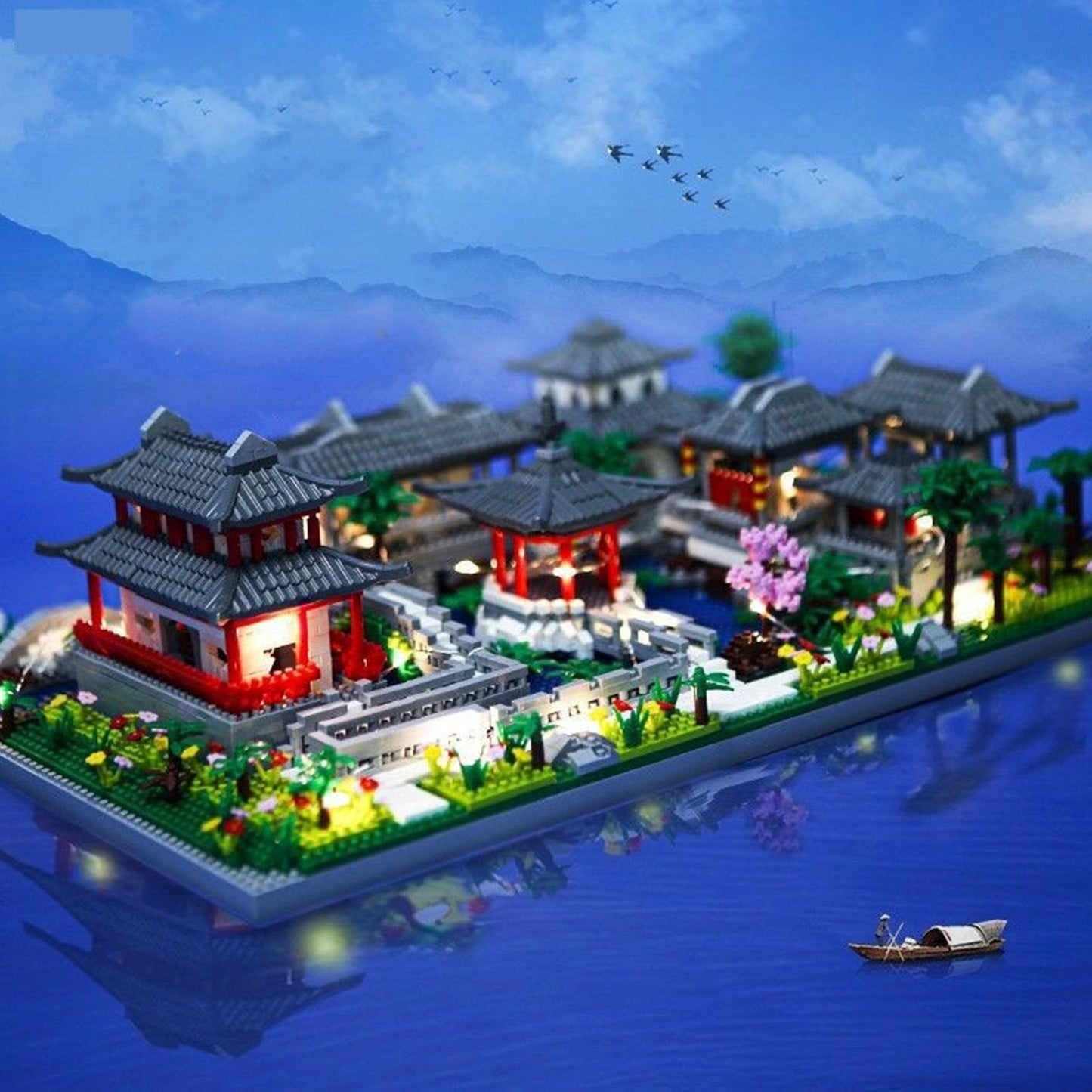 Ancient Pagoda Village with Lake Nano Building Blocks