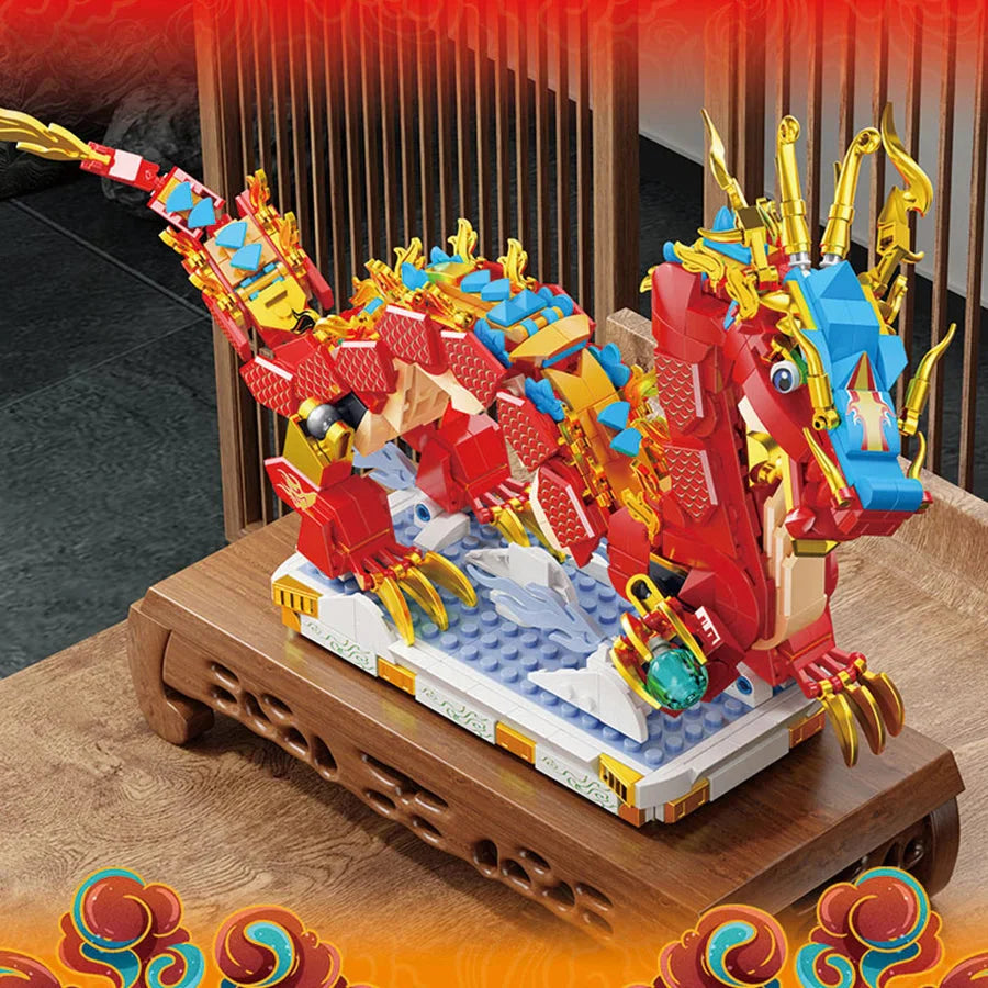 Chinese Lunar Red Blue-Tipped Dragon Building Blocks