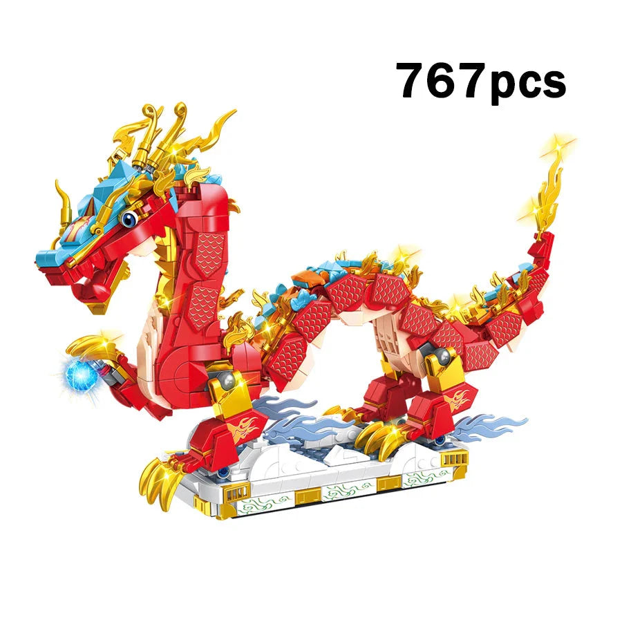Chinese Lunar Red Blue-Tipped Dragon Building Blocks