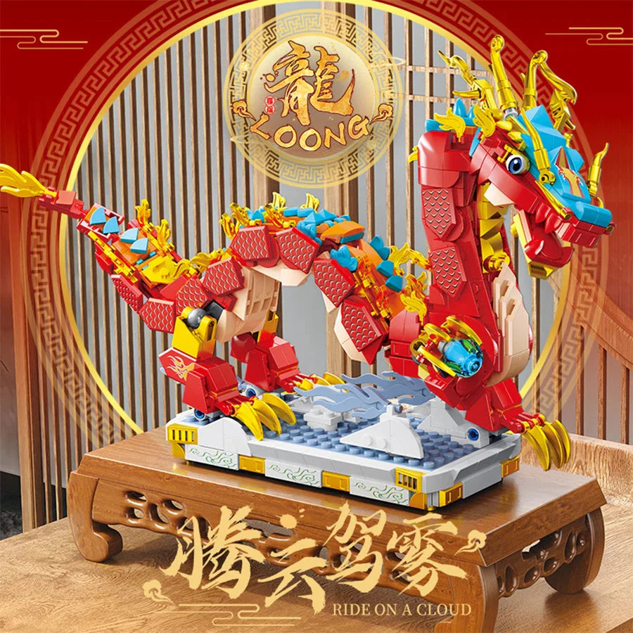 Chinese Lunar Red Blue-Tipped Dragon Building Blocks