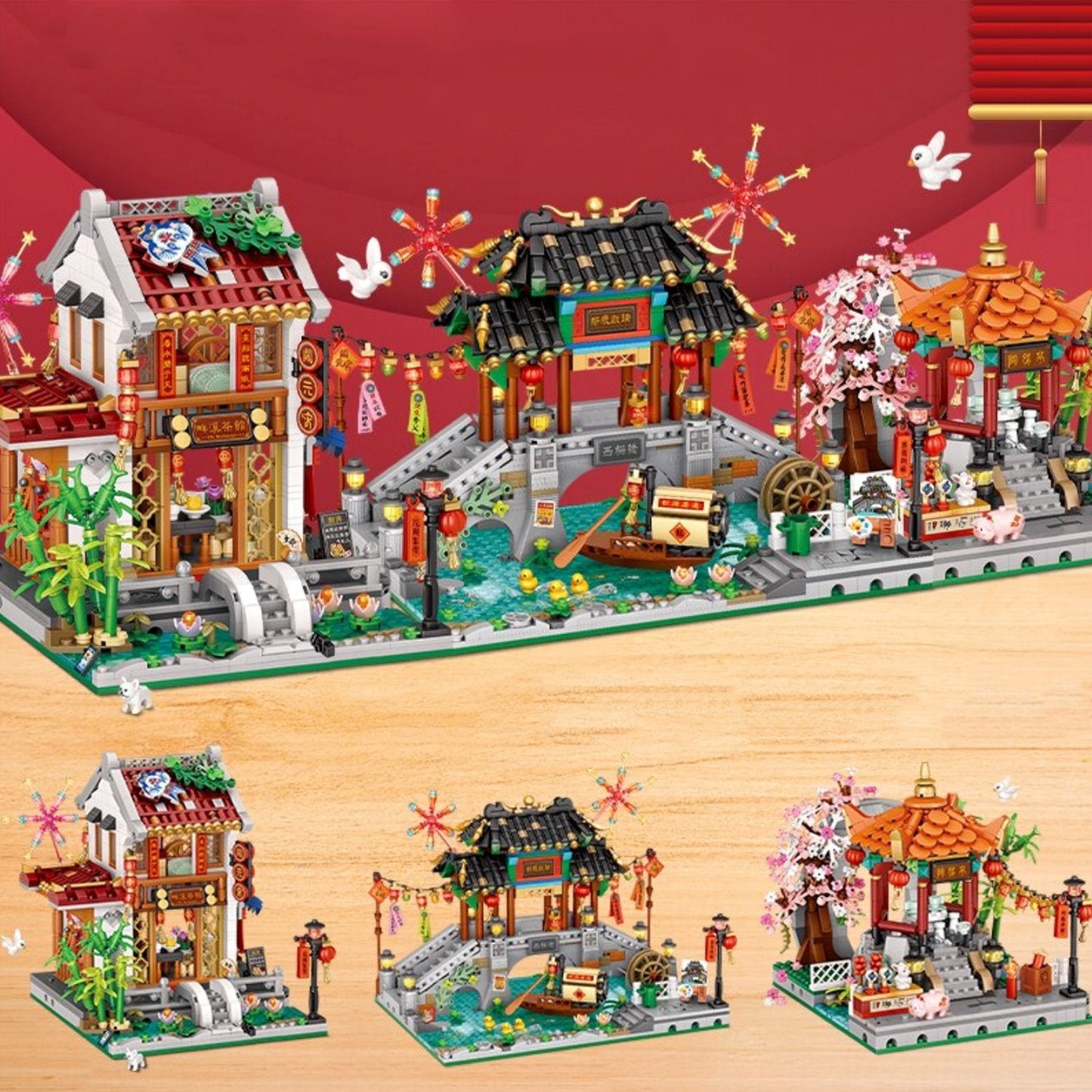 Chinese Street Lake Bridge Pavilion Teahouse Micro Building Set Collection