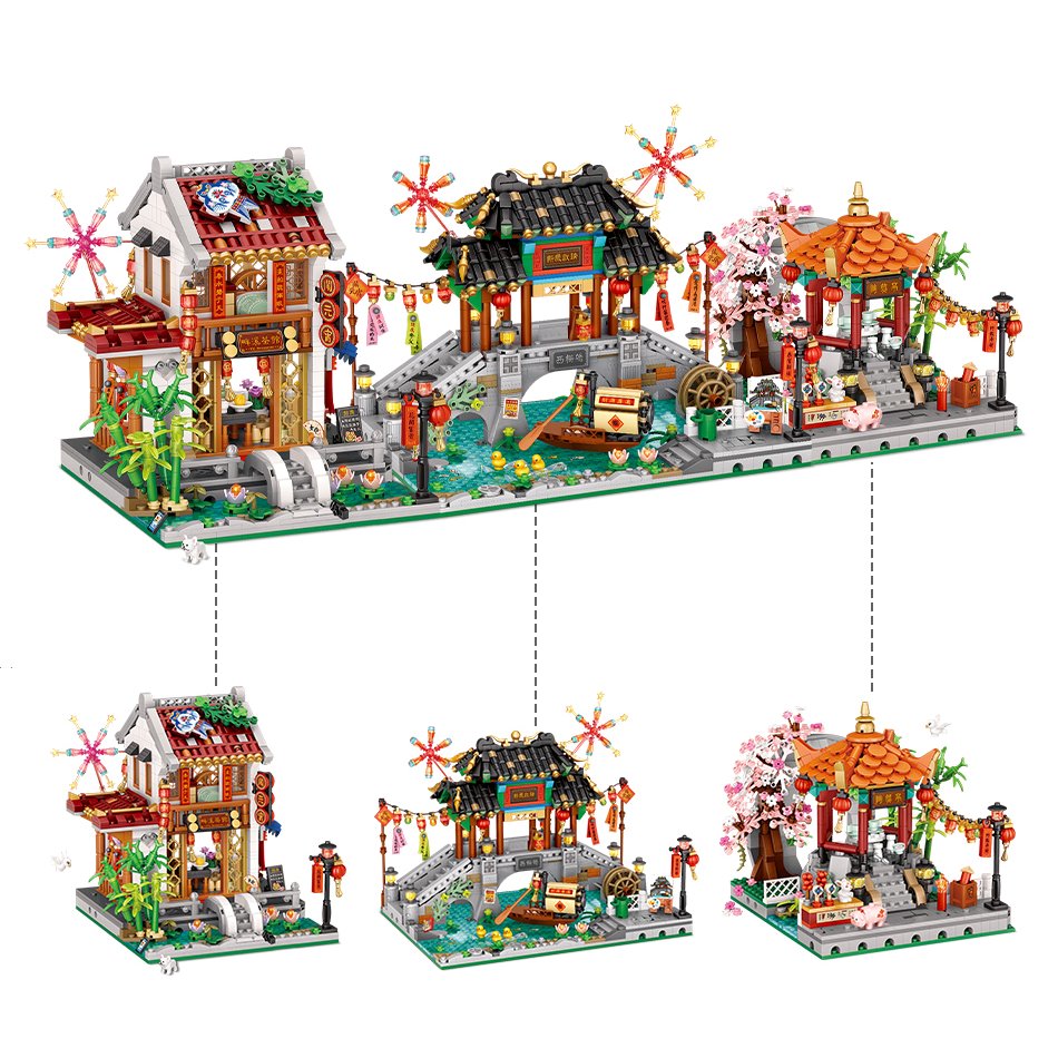 Chinese Street Lake Bridge Pavilion Teahouse Micro Building Set Collection