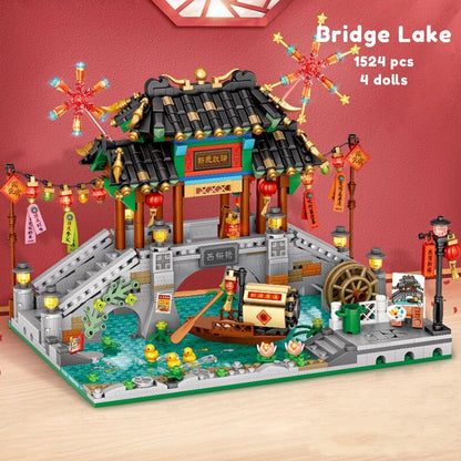 Chinese Street Lake Bridge Pavilion Teahouse Micro Building Set Collection