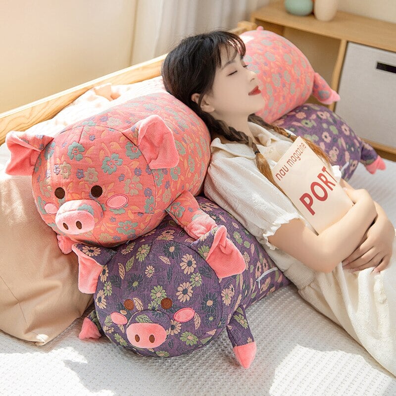Floral Embroidered Pig Long Snuggle Buddy