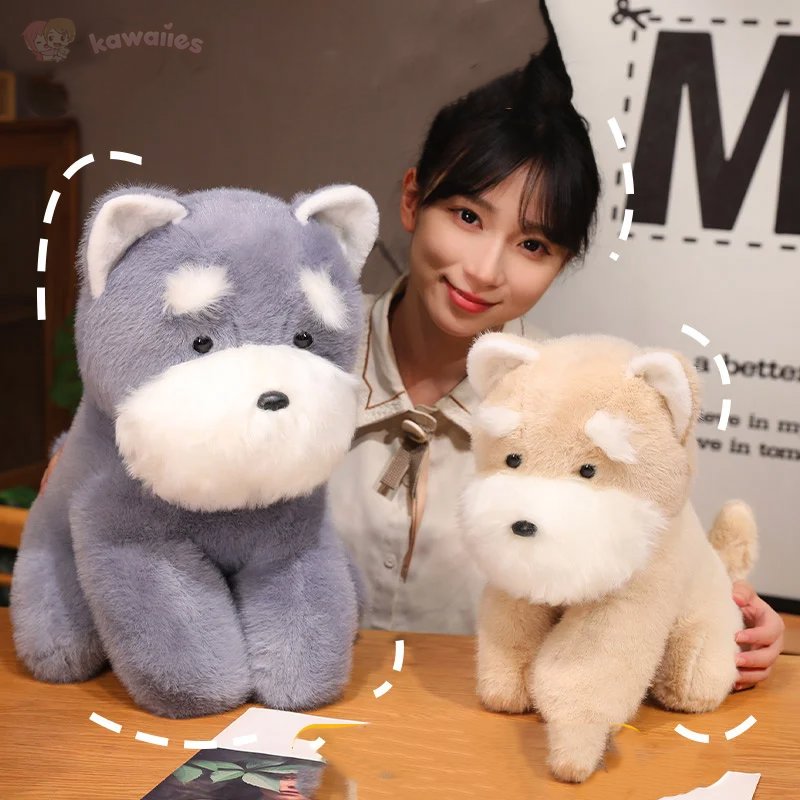 Fluffy Gray Biege Schnauzer Dog Plushie