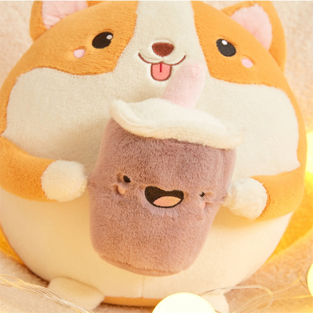 Fluffy Round Chubby Corgi Bubble Tea Plushie