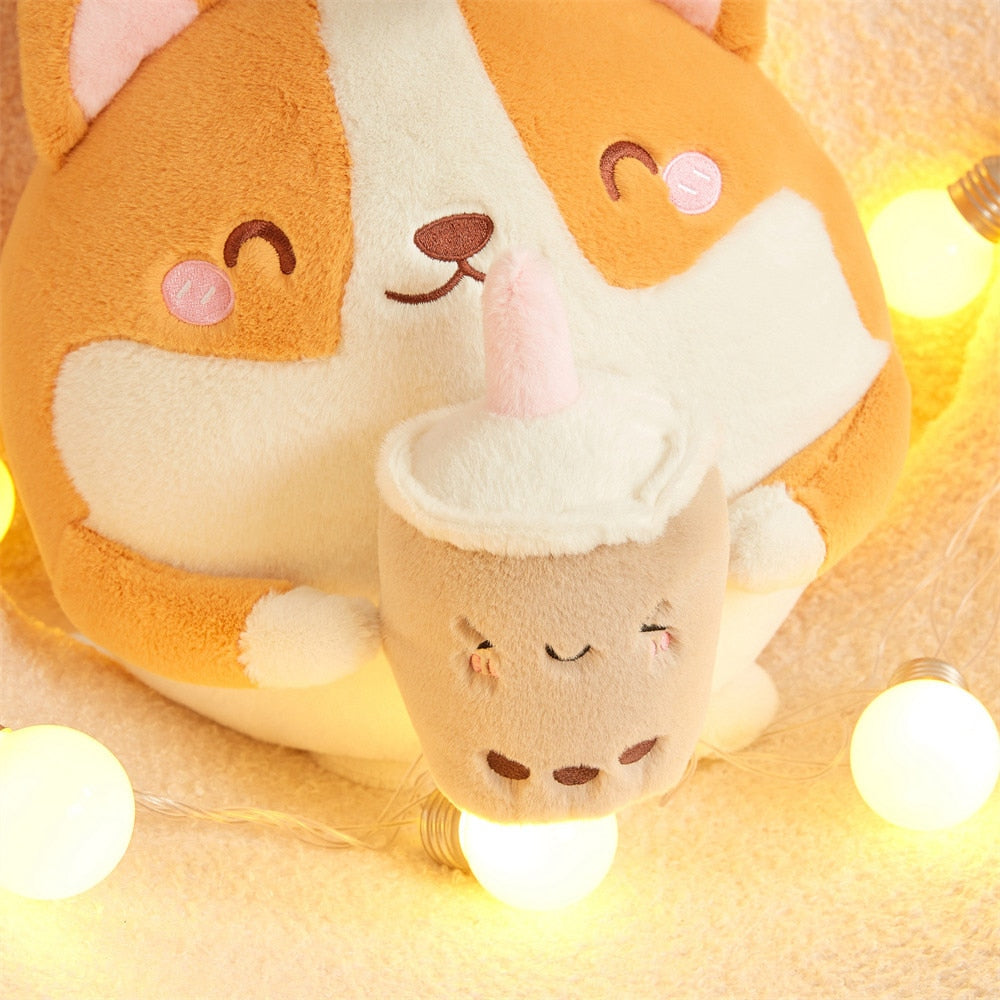 Fluffy Round Chubby Corgi Bubble Tea Plushie