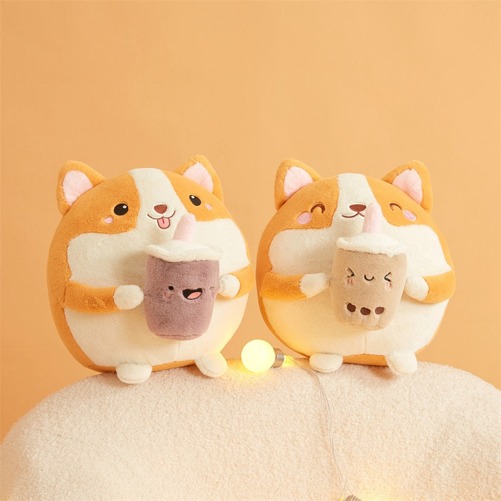 Fluffy Round Chubby Corgi Bubble Tea Plushie