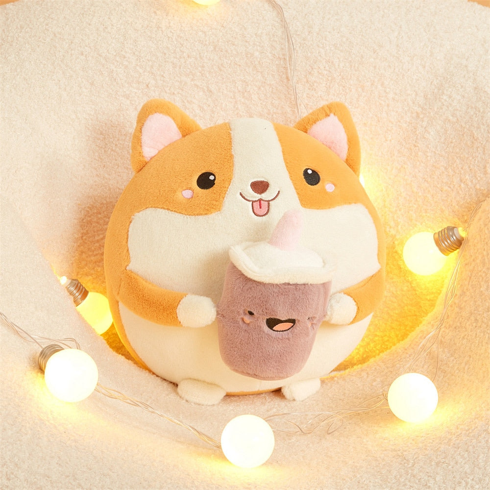 Fluffy Round Chubby Corgi Bubble Tea Plushie